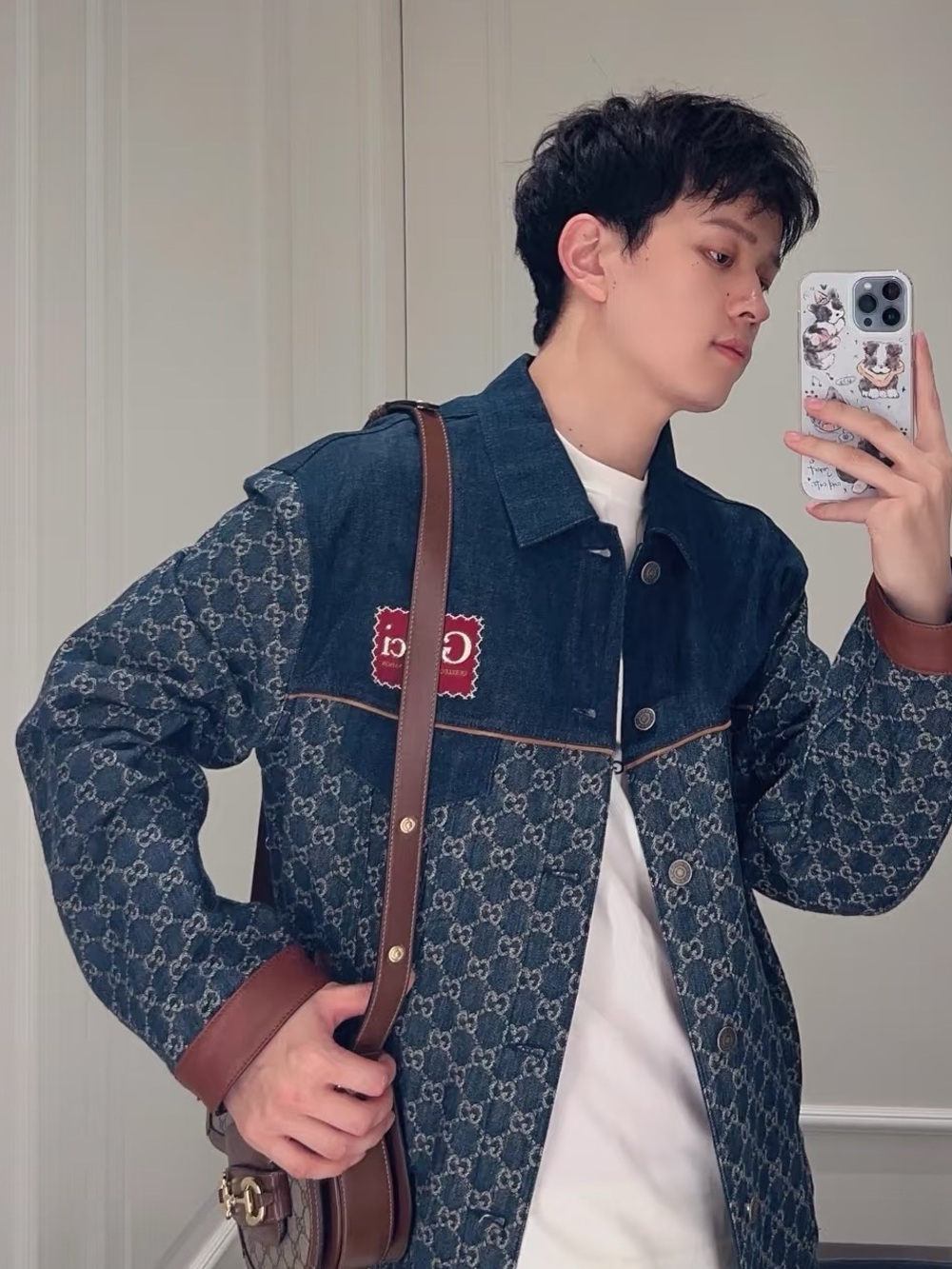 Gucci Blue GG Monogram Denim Jacket with Brown Leather Trim - Picture 7 of 7